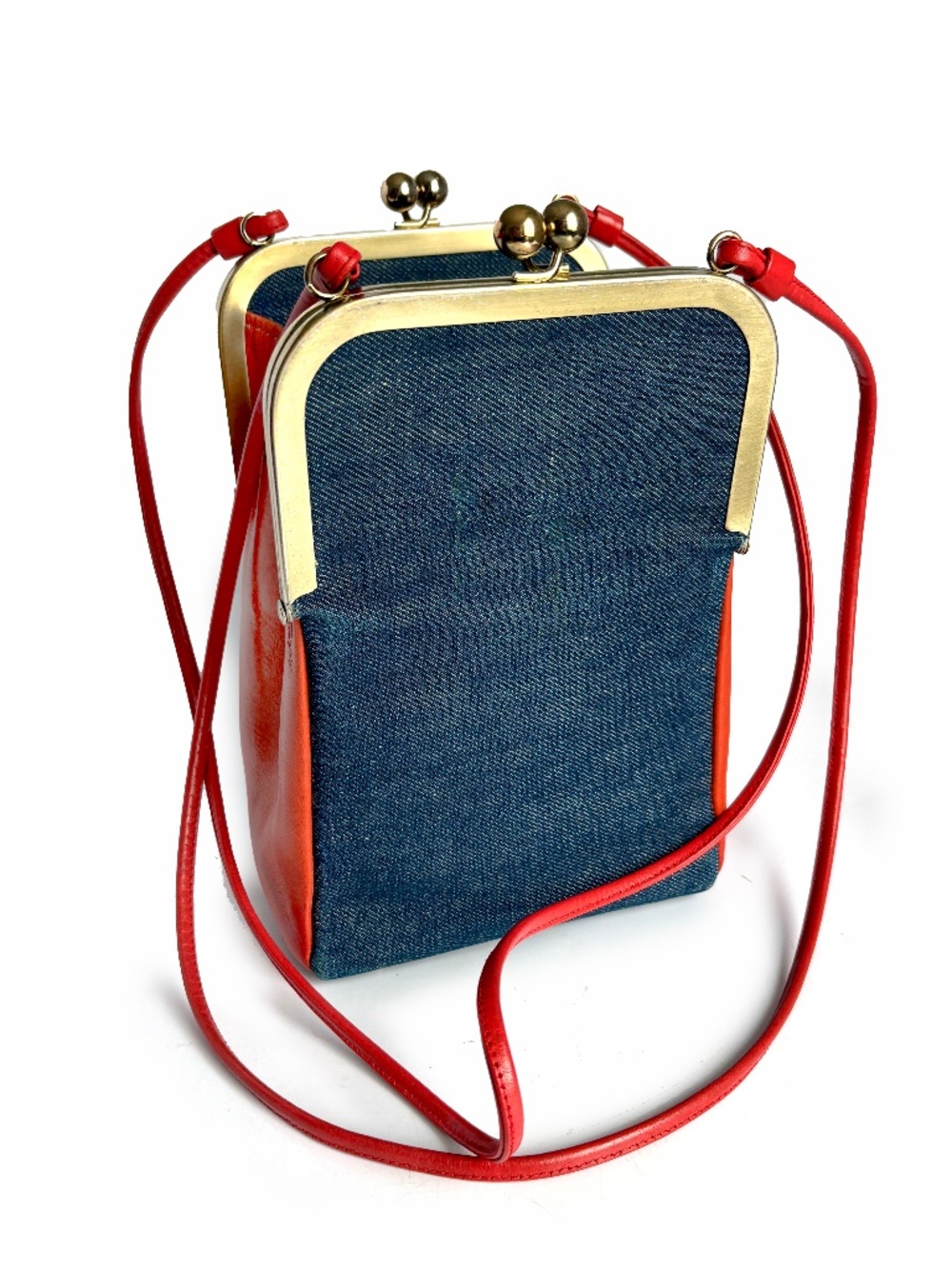 1970s Bonnie Cashin for Coach Red Leather Denim Double Entry Swinger Bag Rare - Picture 4 of 17